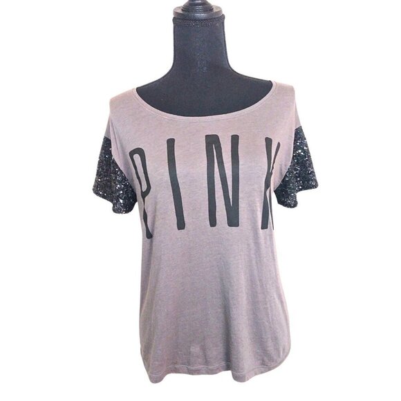 WOMEN'S PINK GRAY & BLACK T-SHIRT WITH BLACK SEQUINS SLEEVES - SIZE XS - Picture 1 of 3